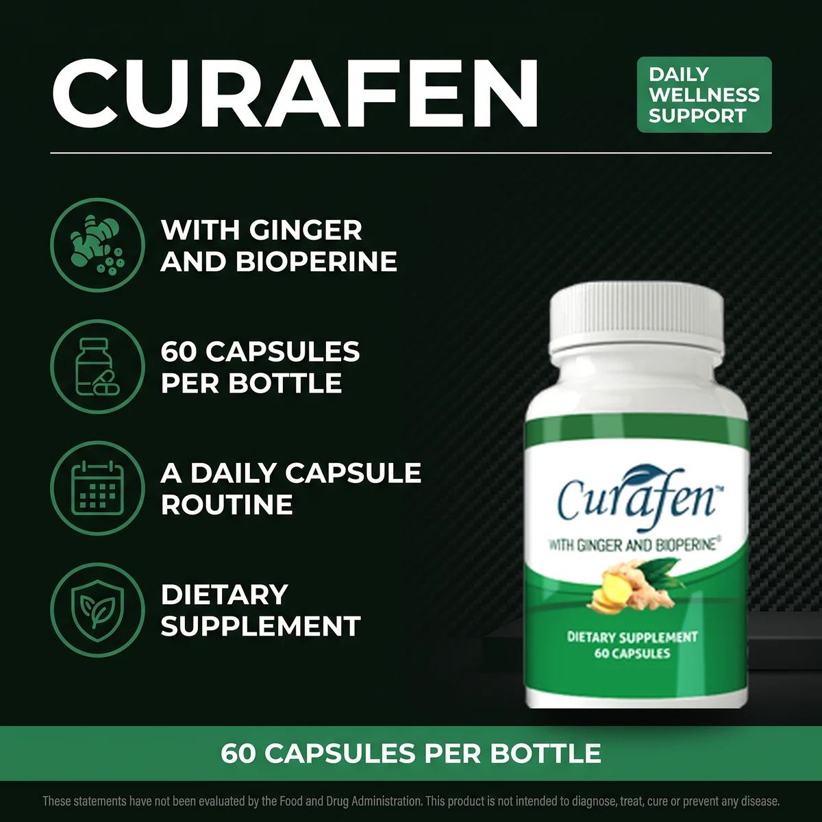 Curafen daily wellness support capsules with ginger and BioPerine, 60 capsules per bottle