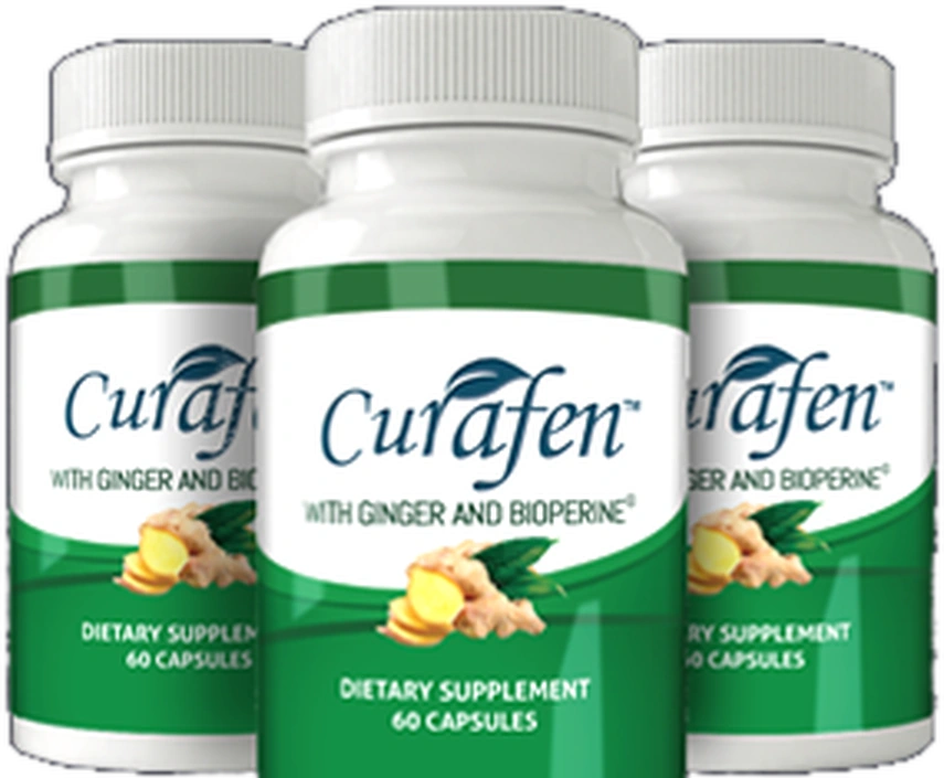 Curafen turmeric joint comfort capsules, available in 1, 3 and 6-bottle packages