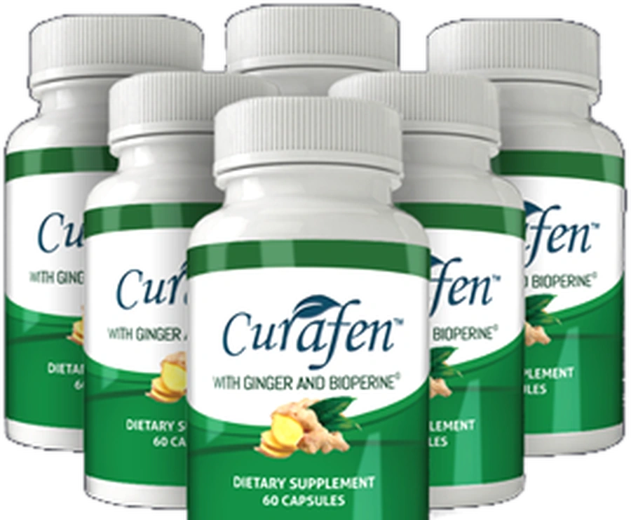 Curafen turmeric joint comfort capsules shown together, available in 1, 3 and 6-bottle packages